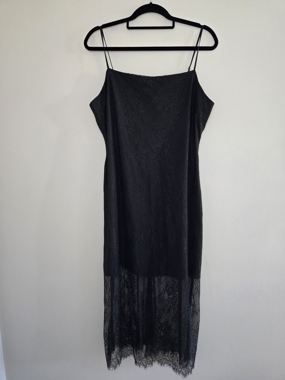 Abercrombie & Fitch black lace slip dress, sheer overlay + hem, thin straps, new